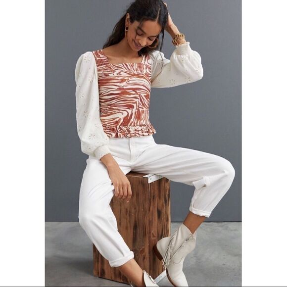 NEW Anthropologie Love the Label Smocked Puff-Sleeve Square Neck Blouse Medium - Picture 3 of 3